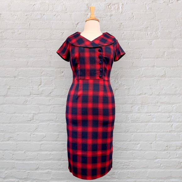 NWT Voodoo Vixen Joan Red Navy Plaid Wiggle Dress Pin Up Rockabilly Kick Pleat - Picture 2 of 14